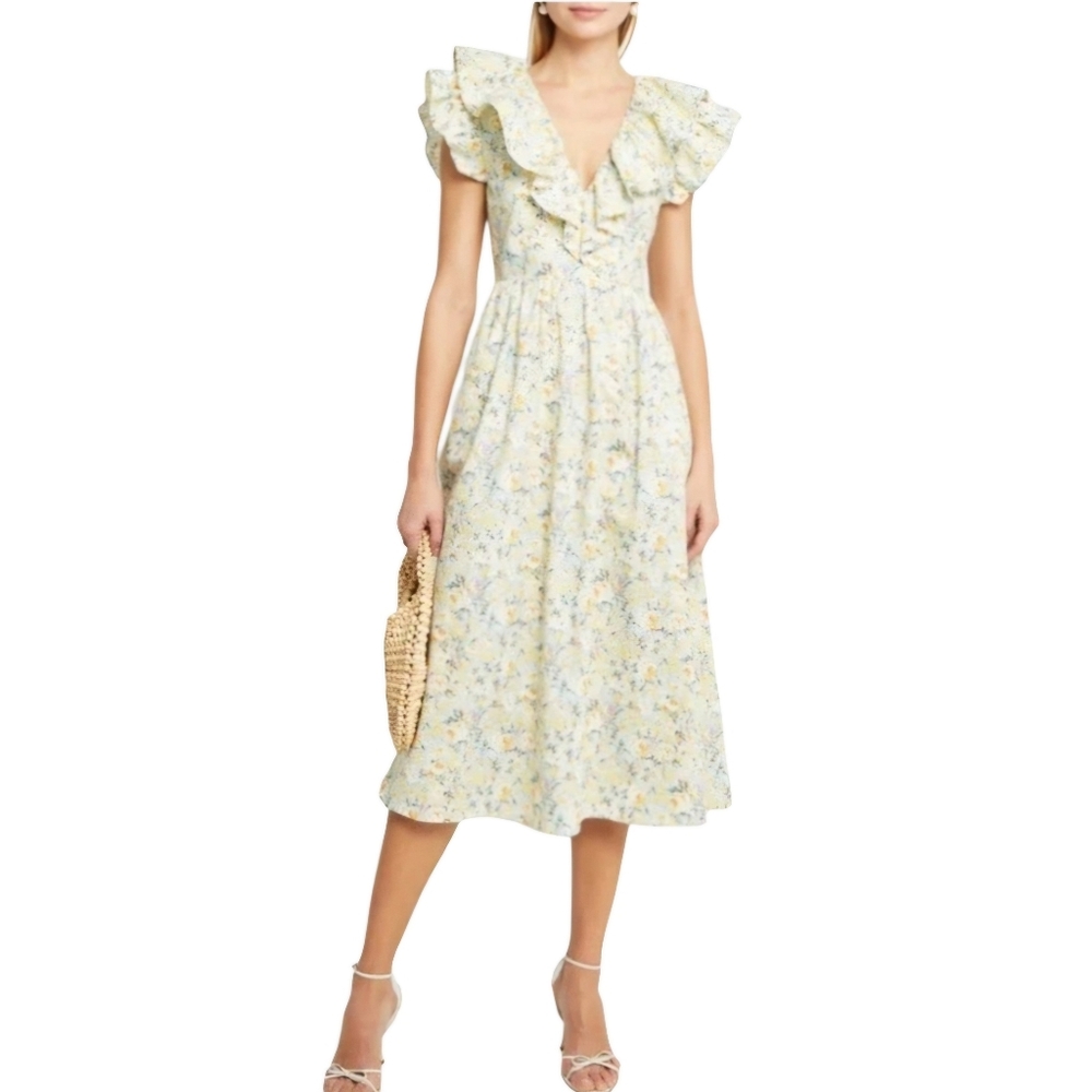 Women’s O.P.T Yellow Floral Ruffle V-neck MIDI Dress Sleeveless 100% Cotton M